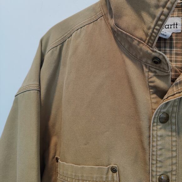 Carhartt Sz L S96BRN Flannel Lined Shirt Jacket Shacket Snap Front Distressed - Picture 2 of 9